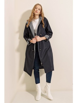 Modavera 9091 Beli Büzgülü Kapşonlu Trençkot - Lacivert