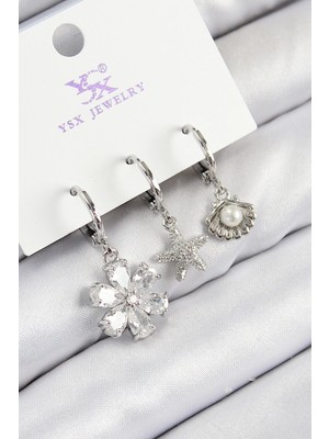 Pirinç Zirkon Taşlı 3'lü Çiçek ve Istiridye Model Gümüş Renk Kadın Küpe