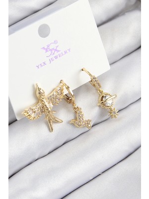 Pirinç Zirkon Taşlı 3'lü Kuş Model Gold Renk Kadın Küpe