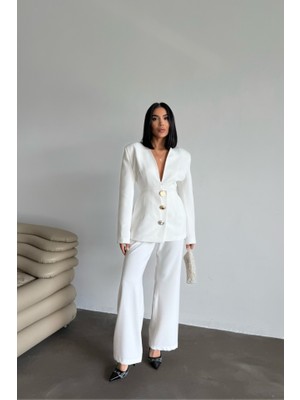 Modavera Tasarım Ceket-Pantolon Takım Metal Düğme Detaylı - Beyaz