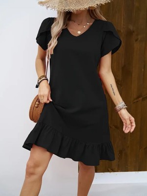 Modavera Kadın Kısa Kollu Bisiklet Yaka Fırfırlı Aerobin Elbise