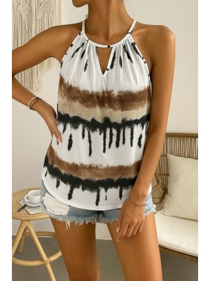 Modavera Kadın Halter Kollu Damla Detaylı Desenli Süprem Bluz