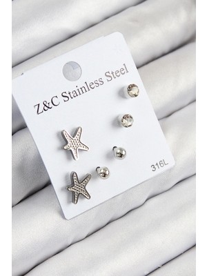 316L Çelik Zirkon Taşlı Deniz Yıldızı Model Gümüş Renk Kadın Set Küpe