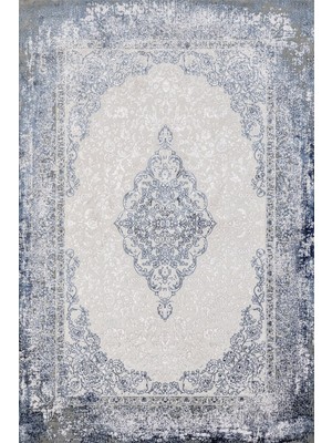Bespoky 80x150 cm Mavi Açık Gri Medalyonlu Klasik Bitkisel Yıkanabilir Halı | Yatak Odası Mutfak Halısı | Leke Tutmayan, Kaymaz | ARTEMİS_DREAM-09707D