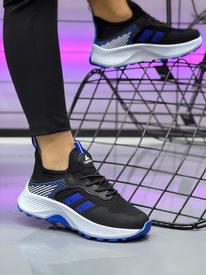 Unisex Çocuk Bağcıklı Poli Taban Triko Spor Ayakkabı-Siyah-Mavi