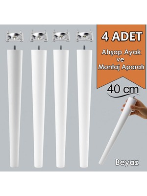 4 Adet Ahşap Ayak 40 cm Beyaz M8 Civatalı Bağlantı Aparatlı Mobilya Tabure Sehpa Masa Destek Ayağı