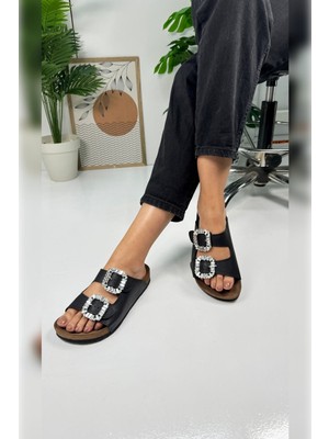 Günlük Kadın Terlik Taşlı Çift Bantlı Mantar Taban Kalın Taban Ayarlanabilir Tokalı Rahat Hafif 123