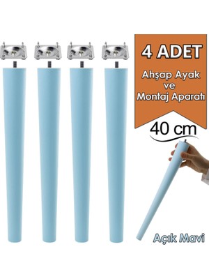 4 Adet Ahşap Ayak 40 cm Açık Mavi M8 Civatalı Bağlantı Aparatlı Mobilya Tabure Sehpa Masa Destek Ayağı