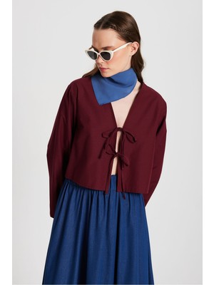 Kadın Bordo Poplin Önden Bağlamalı Bluz 29085