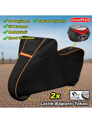 Reflektörlü Siyah Turuncu Dikişli Kral Motor Ares 125 Pro Arka Çanta Uyumlu Branda Motosiket Brandası Motor Örtüsü Çadır Su Geçirmez Motosiklet Kılıfı Motor Brandası
