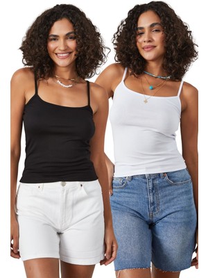 Siyah Beyaz 2'li Ince Ip Askılı Pamuklu Basic Atlet 27274