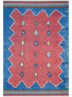 Hali.Net 80x150 cm Mavi Dijital Baskı Etnik Patchwork Halı | Mutfak Balkon Salon Halısı | Hav Vermez Hipoalerjenik | HALN-HLN1678