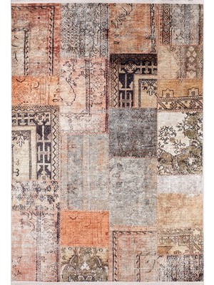 Newscotland Kahverengi Patchwork Etnik Modern Desenli Makinada Yıkanabilir Hav Toz Vermez Leke Tutmayan Kaymaz Taban Dijital Makine Baskı Salon Yolluk Mutfak Halı