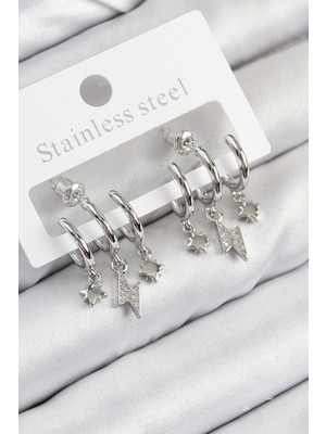 Pirinç Zirkon Taşlı Şimşek Model Gümüş Renk Kadın Küpe