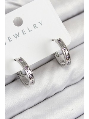 Pirinç Zirkon Taşlı Halka Model Gümüş Renk Kadın Küpe