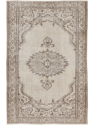 Bespoky 166x250 cm Bej Medalyonlu Vintage Bitkisel Halı | Salon Yatak Odası Halısı | UNİQUE-7555