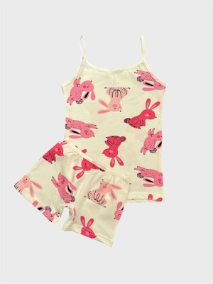 Kız Çocuk Pamuklu Ekru Pembe Renk Tavşan Desenli Atlet Boxer Takımı