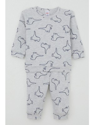 Breeze Erkek Bebek Pijama Takımı Omuzdan Patlı Sevimli Dinozor Desenli 4 Ay-1 Yaş, Açık Gri Melanj
