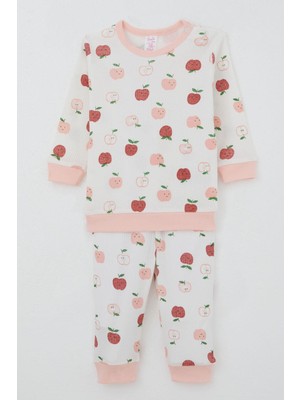 Breeze Kız Bebek Pijama Takımı Omuzdan Patlı Sevimli Minik Elma Desenli 4 Ay-1 Yaş, Ekru