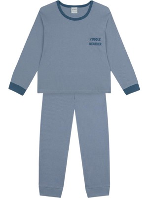 Antebies Organik Mavi Waffle Cuddle Weather Nakışlı Beli Lastikli Uzun Kollu Erkek Çocuk Pijama Takımı