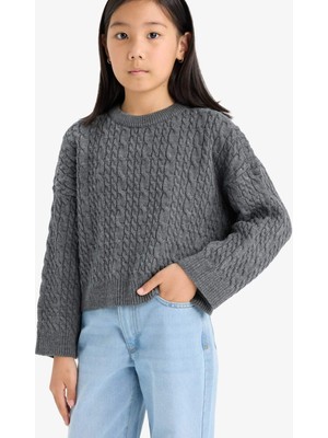 DeFacto Kız Çocuk Standart Fit Bisiklet Yaka Triko Kazak E7880A825AU