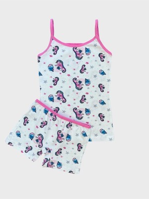 Kız Çocuk Pamuklu Deniz Atı Desenli Beyaz Atlet Boxer Takımı