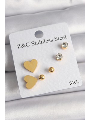 316L Çelik Gold Renk Zirkon Taşlı Kalpli Kadın Küpe Seti