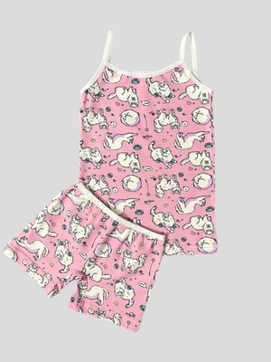 Kız Çocuk Pamuklu Kedi Desenli Atlet Boxer Takımı