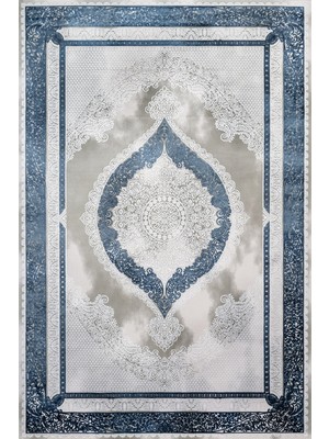 Bespoky 80x150 cm Gri Medalyonlu Klasik Bitkisel Yıkanabilir Halı | Yatak Odası Mutfak Halısı | Leke Tutmayan, Kaymaz | CREA_GALAXY-13615