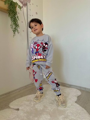 Örümcek Adam Detaylı 3 Ip Şardonsuz Erkek Çocuk Kışlık Mavi Eşofman Takımı