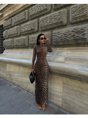 Modavera Kadın Uzun Kollu Balıkçı Yaka Gull Likralı Leopar Desen Maxi Boy Elbise