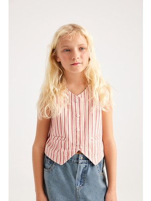 Çizgili Gabardin Mini Yelek