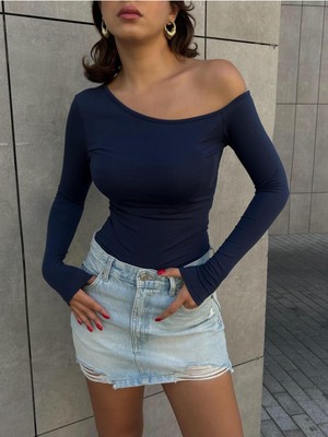 Kadın Lacivert Kayık Yaka Pamuk Kumaş Body