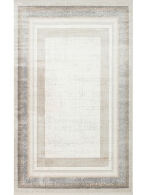 Bespoky Krem Çerçeveli Etnik Modern Desenli Akrilik Hav Vermeyen Leke Tutmayan Kolay Temizlenen Yumuşak Makine Salon Yolluk Mutfak Halı