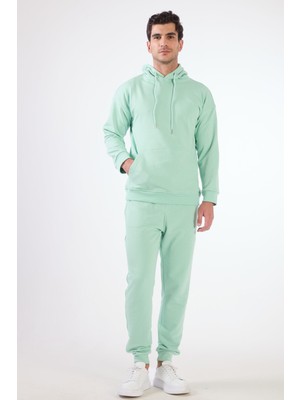 Mint Yeşili Kapüşonlu Kanguru Cepli Regular Fit Erkek Sweatshirt
