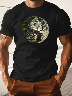 Ying Yang Ağaç Tasarım Baskılı Erkek Pamuk T-Shirt