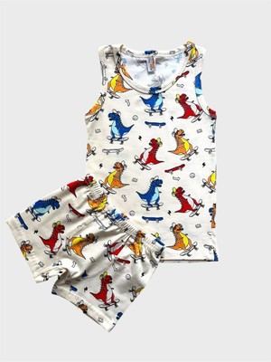 Erkek Çocuk Pamuklu Ekru Dinozor Desenli Atlet Boxer Takımı
