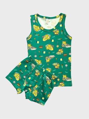 Erkek Çocuk Pamuklu Yeşil Araba Iş Makinesi Desenli Atlet Boxer Takımı