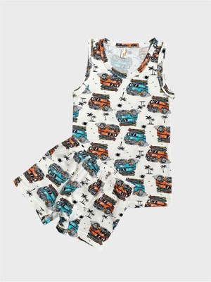 Erkek Çocuk Pamuklu Beyaz Araba Desenli Atlet Boxer Takımı