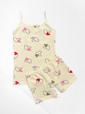 Kız Çocuk %100 Pamuklu Ekru Renk Kalp Desenli Ince Askılı Atlet Boxer Takımı