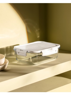 Madame Coco Modena Dikdörtgen Kapaklı Borosilikat Cam Saklama Kabı - Ekru - 1500 ml
