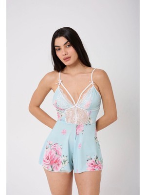 Eloria Fashion Dantelli Şort Tulum, Çiçek Desenli Turkuaz Pijama Gecelik, İnce ip Askılı