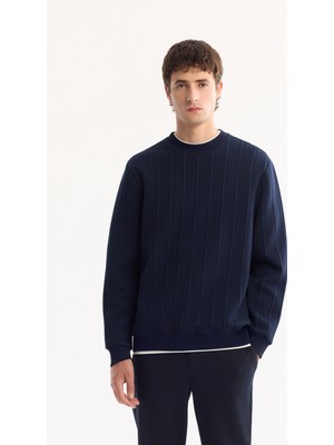 Avva Erkek Lacivert Bisiklet Yaka Çizgili Elastan Regular Fit Sweatshirt A52Y1218