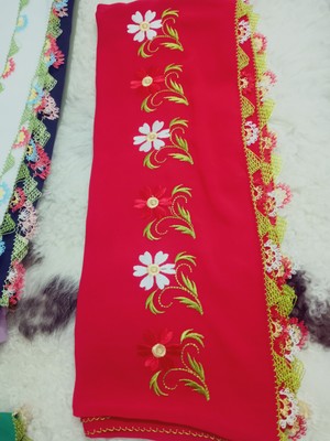 El Emeği Nakış Işlemeli Iğne Oyalı Namaz Örtüsü Çeyizlik Mevlit Başörtüsü Krep Kumaş 145X75 cm