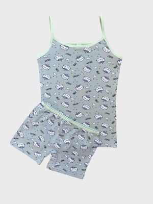 Kız Çocuk Pamuklu Yeşil Kedi Desenli Atlet Boxer Takımı