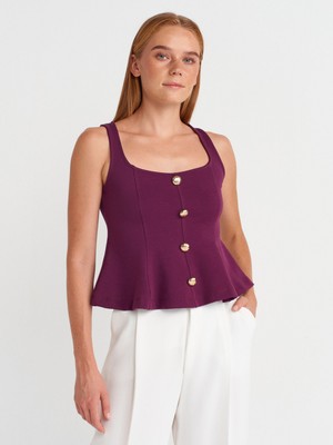 31979 Düğmeli Peplum Top-Mor