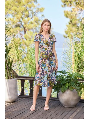 Monamise Kadın Desenli Önü Düğmeli Kısa  Kollu V Yaka Elbise 25049