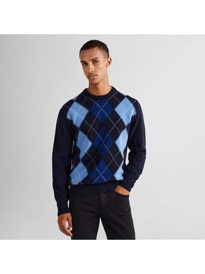 Gant Erkek Lacivert Regular Fit Bisiklet Yaka Desenli Kazak