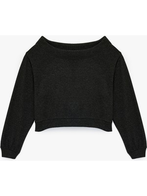 Rahat Kalıp Uzun Kollu Crop Omzu Açık Tişört