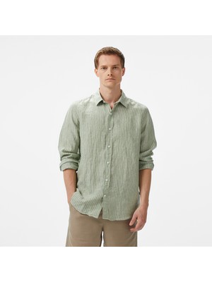 Nautica Erkek Yeşil Classic Fit Çizgili Keten Gömlek